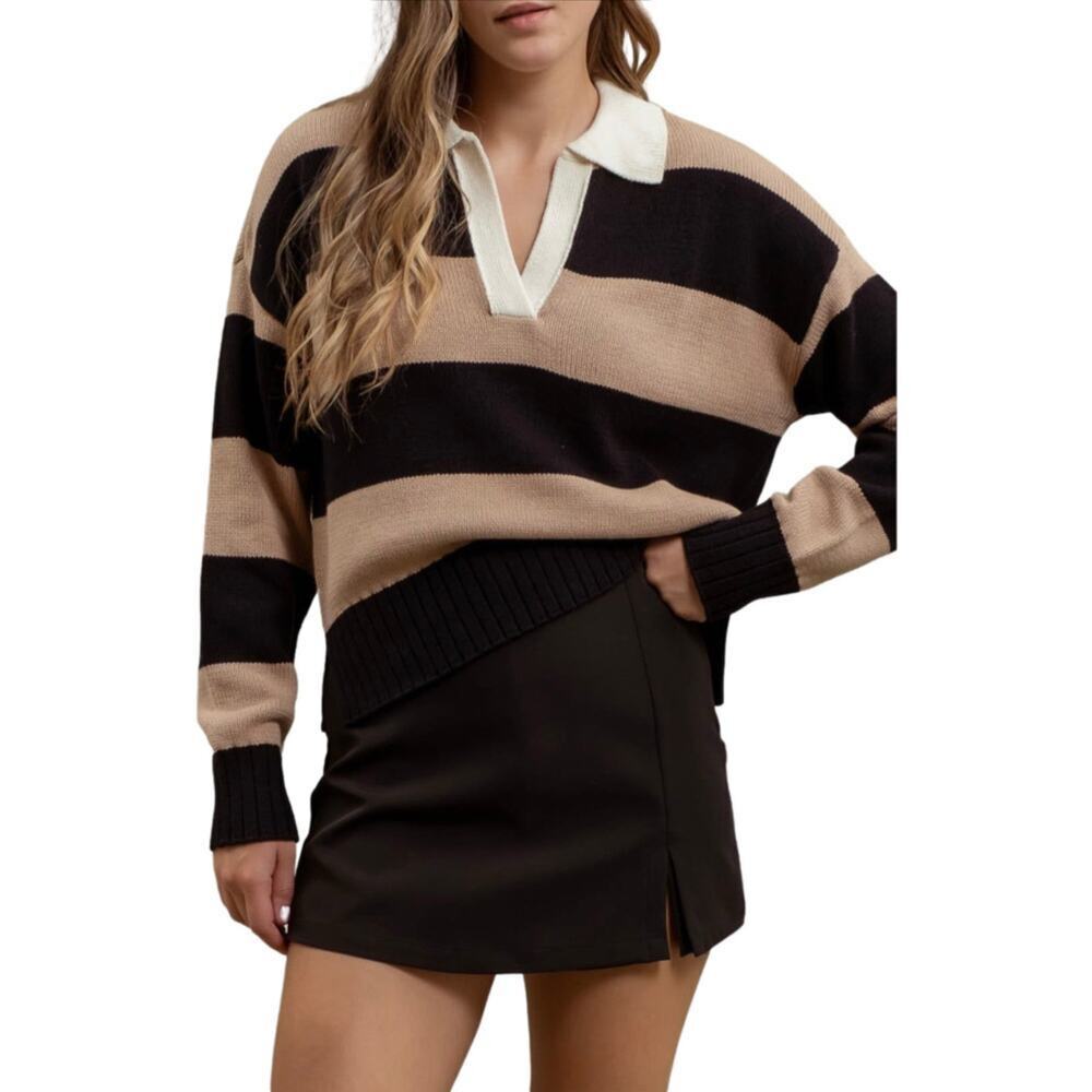 Studio by The Workshop Women’s Striped Rugby Polo Sweater Camel Black S NWT